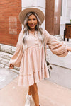 Oatmeal Crinkle Distressed Puff Sleeve Flared Dress-Dresses-MomFashion