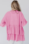 Pink Ruffled Trim Half Sleeve Open Front Kimono-Outerwear-MomFashion