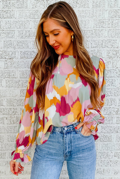 Multicolor Abstract Printed Long Sleeve Blouse-Tops-MomFashion