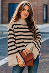 Khaki Striped Mock Neck Bell Sleeve Knit Sweater-Tops-MomFashion