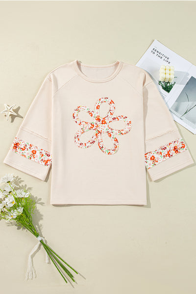 Beige Flower Patch Graphic Exposed Seam Wide Sleeve Top-Graphic/Graphic Long Sleeve Tees-MomFashion