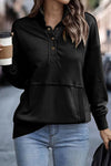 Black Ribbed Hem Snap Button Neckline Sweatshirt with Pocket-Tops-MomFashion