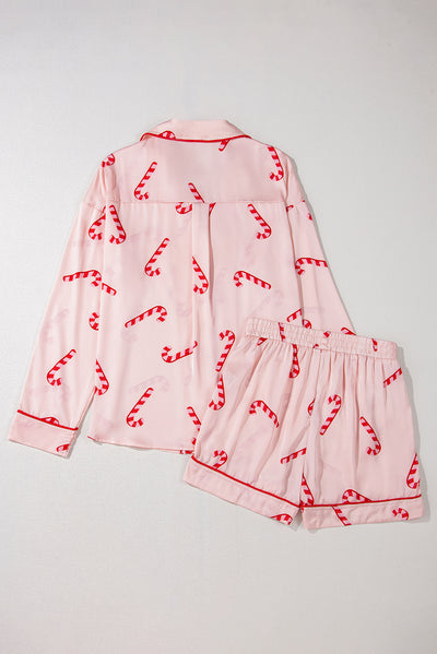 Pink Christmas Candy Cane Print Shirt and Shorts Pajama Set-Loungewear & Sleepwear/Sleepwear-MomFashion