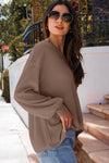 Coffee Waffle V Neck Long Sleeve Drop Shoulder Loose Blouse-Tops/Blouses & Shirts-MomFashion