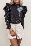 Black Sequin Mock Neck Bubble Sleeve Top-Tops-MomFashion