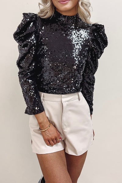 Black Sequin Mock Neck Bubble Sleeve Top-Tops-MomFashion