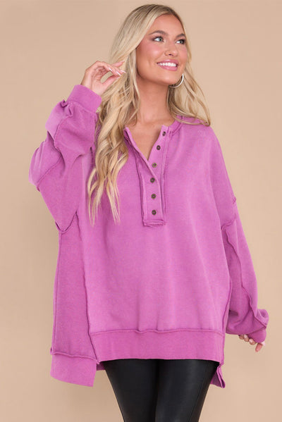 Purple Oversized Exposed Seam Henley Sweatshirt-Tops-MomFashion