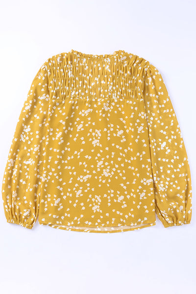 Yellow Split Neck Fall Printed Crinkled Blouse-Tops-MomFashion