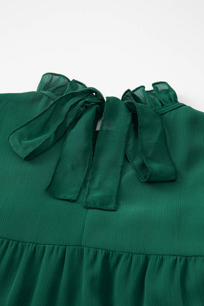 Green Puff Sleeve Mock Neck Back Knot Tiered Dress-Dresses-MomFashion