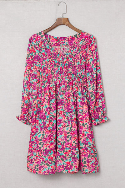 Purple Smocked V Neck Puffy Sleeve Floral Dress-Dresses-MomFashion