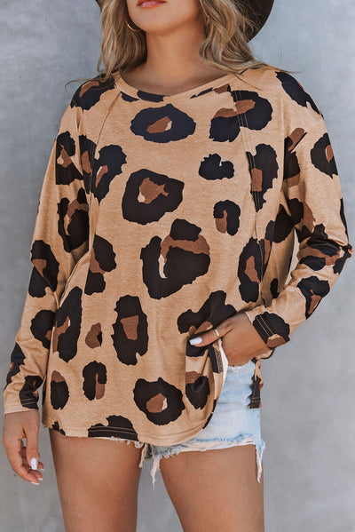 Leopard Print Long Sleeve Loose Top-Tops-MomFashion