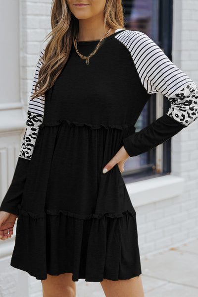 Black Striped Leopard Patchwork Long Sleeve Mini Dress-Dresses-MomFashion