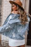 Sky Blue Sequin Embellished Fringe Distressed Denim Jacket-Outerwear-MomFashion