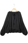 Black Tie V Neck Pleated Puff Sleeve Satin Blouse-Tops-MomFashion