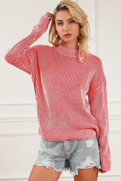 Striped Print Ribbed Trim Round Neck Sweater-Tops-MomFashion