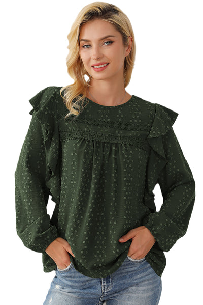 Blackish Green Lace Eyelet Ruffle Shoulder Long Sleeve Blouse-Tops-MomFashion