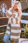 Khaki Striped Colorblock Rib Knit Bubble Sleeve Midi Cardigan-Tops-MomFashion