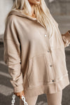 Beige Solid Color Pocketed Button Up Loose Hoodie-Tops-MomFashion