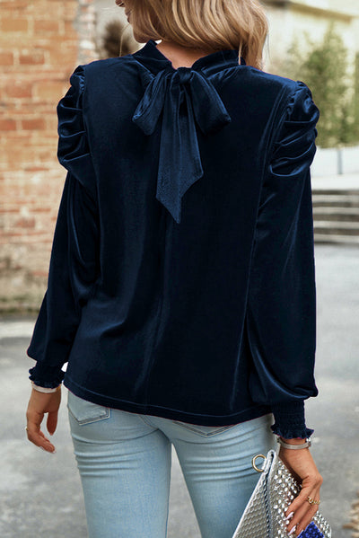 Navy Blue Mock Neck Puff Sleeve Velvet Blouse-Tops-MomFashion