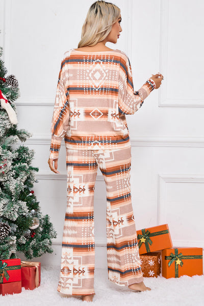 Multicolour Aztec Print Puff Sleeve Pullover and Pants Lounge Outfit-Loungewear-MomFashion