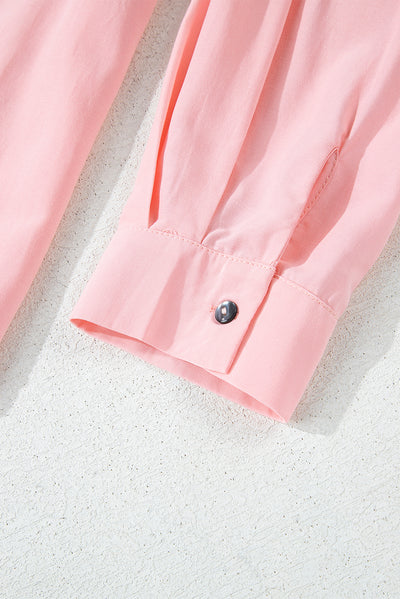 Pink Flap Pocket Tab Sleeve Button-Down Plus Size Shirt-Plus Size-MomFashion