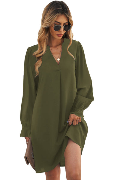 Green Split V Neck Ruffled Sleeves Shirt Dress-Dresses-MomFashion