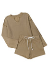 Khaki Exposed Seam Textured Long Sleeve Top Shorts Set-Loungewear-MomFashion