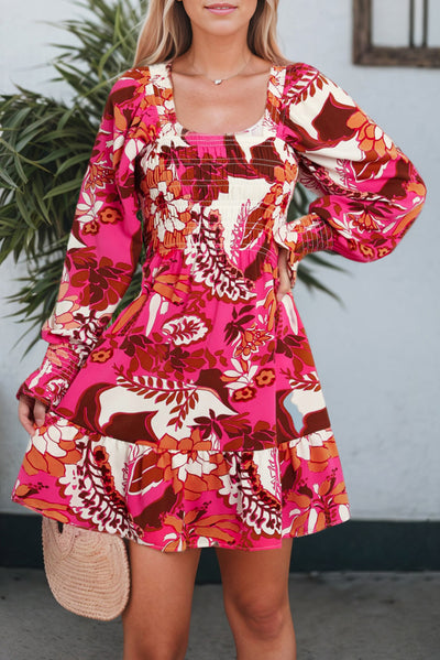 Rose Floral Print Smocked Square Neck Bubble Sleeve Dress-Dresses-MomFashion