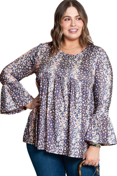 Purple Floral Print Round Neck Plus Size Babydoll Blouse-Plus Size-MomFashion