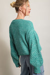 Sea Green Cable Knit Sleeve Drop Shoulder Sweater-Tops-MomFashion