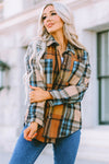 Brown Plaid Color Block Buttoned Shirt with Pockets-Tops-MomFashion