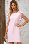 Pink Round Neck Ruffle Shift Mini Dress-Dresses-MomFashion