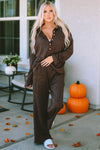 Brown Ribbed Knit Collared Henley Top and Pants Lounge Outfit-Loungewear-MomFashion