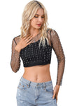 Black Pearl and Rhinestone Detail Sheer Mesh Top-Tops-MomFashion