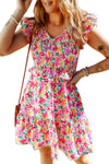 Multicolor Smocked Bodice Ruffle Trim Floral Dress-Dresses-MomFashion