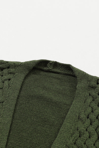 Green Open Front Woven Texture Knitted Cardigan with Pockets-Tops-MomFashion