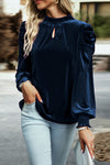 Navy Blue Mock Neck Puff Sleeve Velvet Blouse-Tops-MomFashion