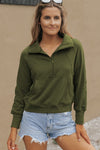 Green Zip Up Stand Collar Ribbed Thumbhole Sleeve Sweatshirt-Tops-MomFashion