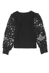 Black Crochet Sleeve Crew Neck Blouse-Tops-MomFashion