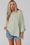 Green Ribbed Roll-tab Sleeve Chest Pocket Oversize Top-Tops-MomFashion