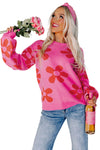 Rose Big Flower Knit Ribbed Trim Sweater-Tops-MomFashion