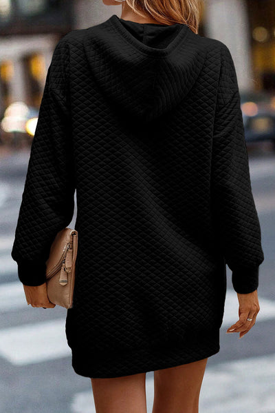 Black Drawstring Kangaroo Pocket Quilted Hooded Dress-Dresses-MomFashion