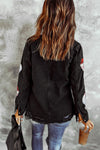 Black Sequined Santa Claus Graphic Frayed Denim Jacket-Outerwear-MomFashion