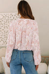 Pink Paisley Print Buttons Bubble Sleeve Blouse-Tops-MomFashion