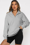 Gray Zipped Funnel Neck Kangaroo Pocket Sweatshirt-Tops-MomFashion