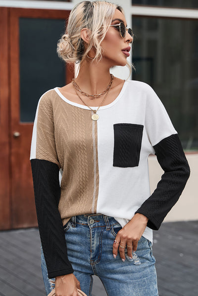 Black Long Sleeve Colorblock Chest Pocket Textured Knit Top-Tops-MomFashion