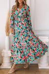 Multicolor Bohemia Print V Neck Ruffle Long Sleeve Maxi Dress-Dresses-MomFashion