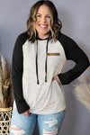 Black Striped Raglan Sleeve Buttoned Pocket Plus Size Hoodie-Plus Size-MomFashion