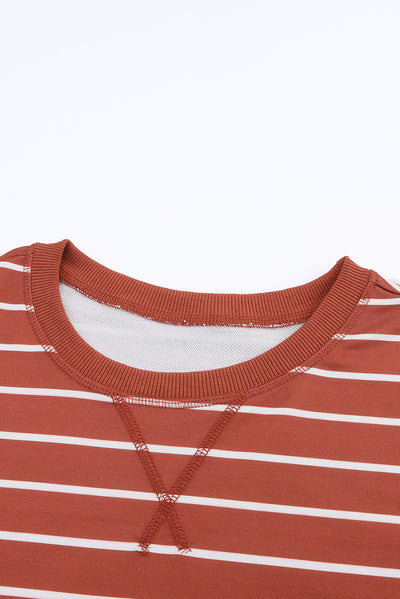 Red Striped Print Ribbed Trim Long Sleeve Top-Tops-MomFashion