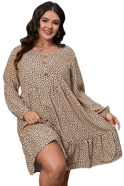 Brown Leopard Spotted Print Tiered Long Sleeve Plus Size Dress-Plus Size-MomFashion